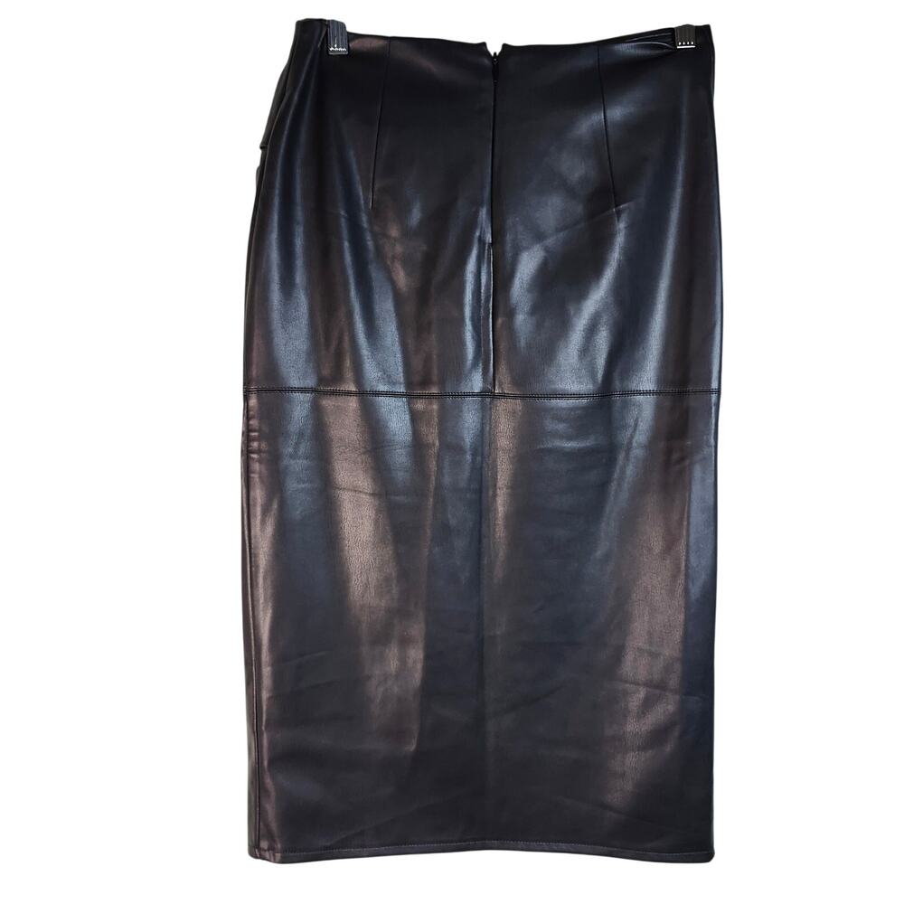 Reserved Black Faux Leather Pencil Midi Skirt with Ruched Feature US Size 4 - Picture 2 of 10